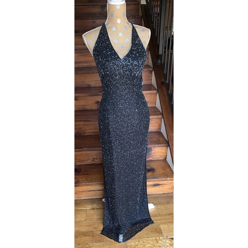 Andretta Donatello VtG Fully Beaded Silk Evening Gown  Double Slit Open Back